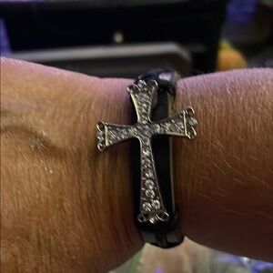 Silver and Black Cross leather band adjustable Bracelet
